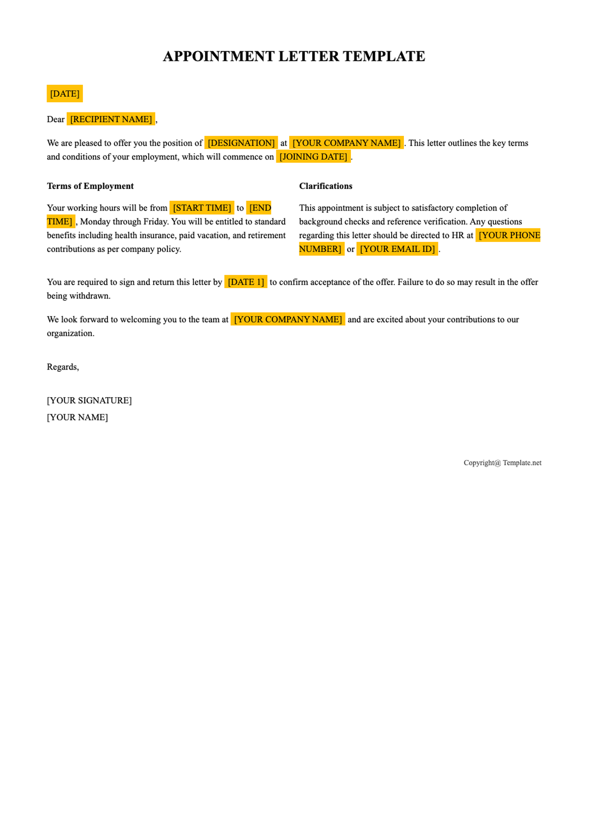 Professional appointment letter template with placeholder fields_variant_1